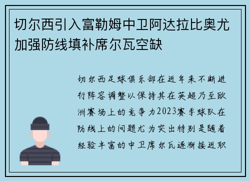 切尔西引入富勒姆中卫阿达拉比奥尤加强防线填补席尔瓦空缺 切尔西引入富勒姆中卫阿达拉比奥尤加强防线填补席尔瓦空缺