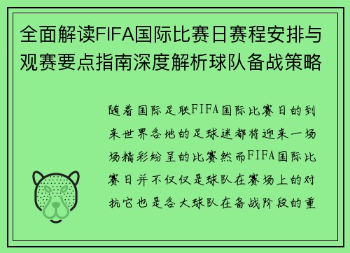 全面解读FIFA国际比赛日赛程安排与观赛要点指南深度解析球队备战策略