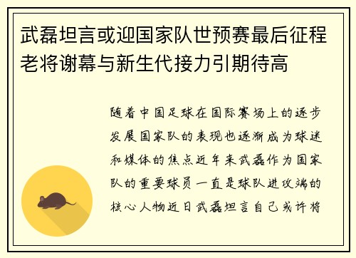 武磊坦言或迎国家队世预赛最后征程老将谢幕与新生代接力引期待高 武磊坦言或迎国家队世预赛最后征程老将谢幕与新生代接力引期待高